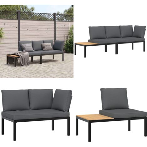 Set Divani da Giardino 2 pz con Cuscini in Alluminio Nero - Panca da giardino - Cuscino da giardino