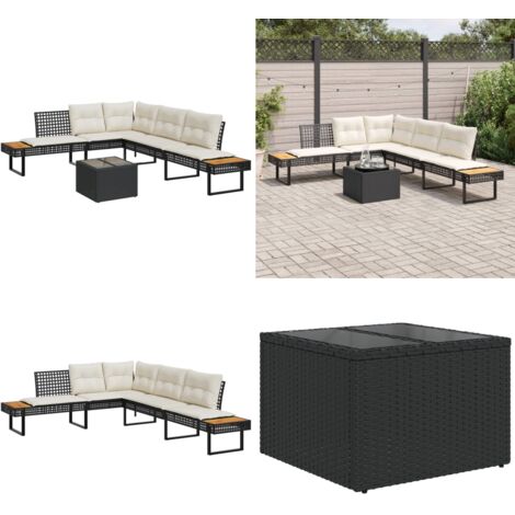 Set Divani da Giardino 2 pz con Cuscini Nero Polyrattan e Vetro - Divano a L - Tavolino da giardino