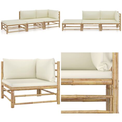 Set Divani da Giardino 3 pz con Cuscini Bianco Crema in Bambù - Set da giardino - Divano da esterno
