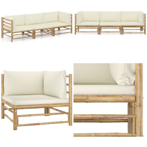 Set Divani da Giardino 3 pz con Cuscini Bianco Crema in Bambù - Set da giardino - Divano da esterno