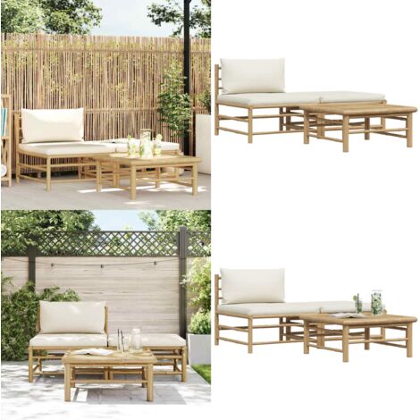 Set Divani da Giardino 3 pz con Cuscini Bianco Crema in Bambù - Set da giardino - Divano in bambù