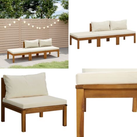 Set Divani da Giardino 3 pz con Cuscini Crema in Legno Acacia - Divano in legno - Cuscini da giardino