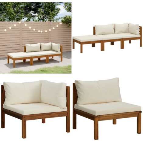 Set Divani da Giardino 3 pz con Cuscini Crema in Legno Acacia - Divano in legno - Divano da esterno