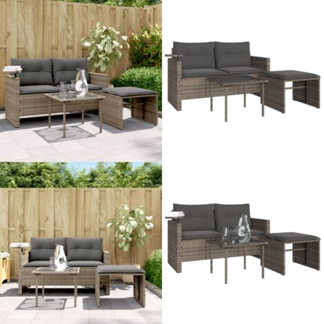 Set Divani da Giardino 3 pz con Cuscini Grigio in Polyrattan - Tavolino da giardino - Poggiapiedi da giardino