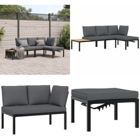 Set Divani da Giardino 3 pz con Cuscini in Alluminio Nero - Panca da giardino - Tavolo da giardino