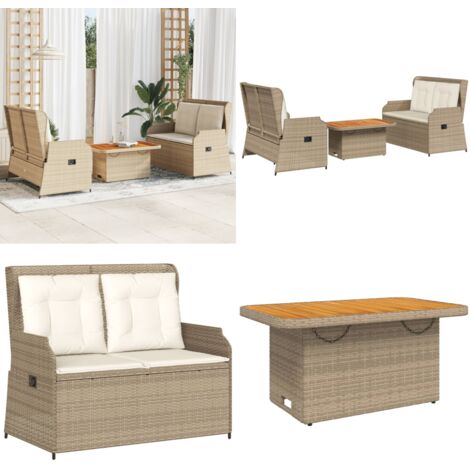 Set Divani da Giardino 3 pz con Cuscini in Polyrattan Beige - Tavolo da giardino - Cuscini da seduta