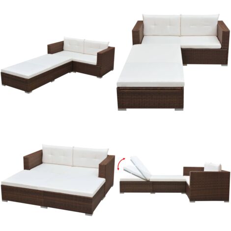 Set Divani da Giardino 3 pz con Cuscini in Polyrattan Marrone - Lettino prendisole - Rattan