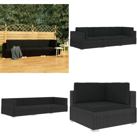 Set Divani da Giardino 3 pz con Cuscini in Polyrattan Nero - Divano angolare - Divano centrale