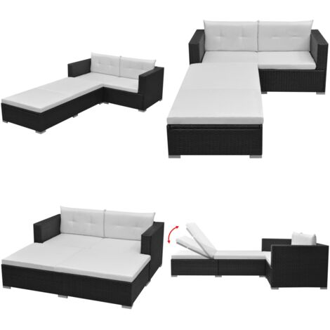 Set Divani da Giardino 3 pz con Cuscini in Polyrattan Nero - Lettino prendisole - Rattan