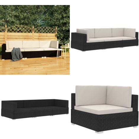 Set Divani da Giardino 3 pz con Cuscini in Polyrattan Nero - Poltrona da giardino - Divano angolare