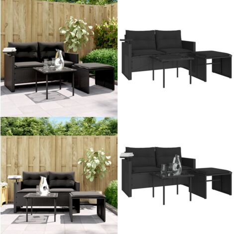 Set Divani da Giardino 3 pz con Cuscini in Polyrattan Nero - Tavolino da giardino - Poggiapiedi da giardino