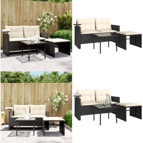 Set Divani da Giardino 3 pz con Cuscini in Polyrattan Nero - Tavolino da giardino - Poggiapiedi da giardino