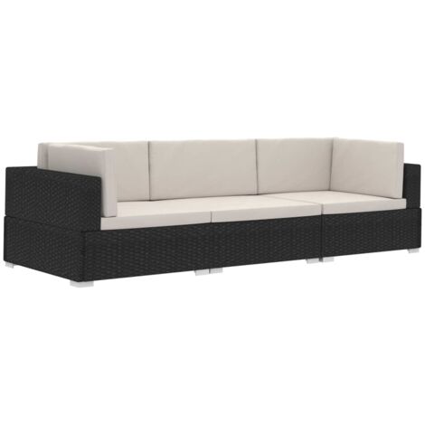 Set Divani da Giardino 3 pz con Cuscini in Polyrattan Nero vidaXL