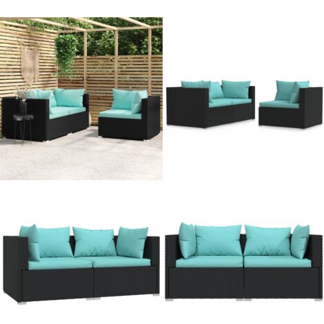 Set Divani da Giardino 3 pz con Cuscini Nero in Polyrattan - Divani da esterno - Divani angolari