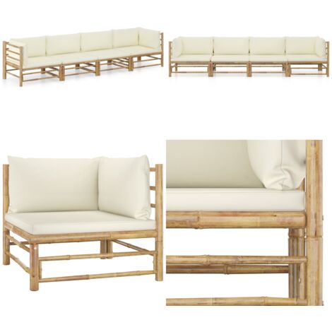 Set Divani da Giardino 4 pz con Cuscini Bianco Crema in Bambù - Divano da giardino con cuscini - Set di divani da esterno