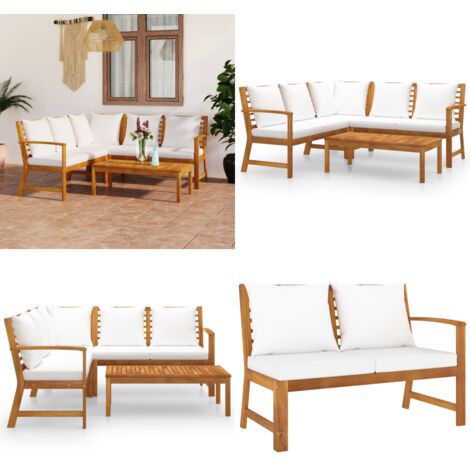 Set Divani da Giardino 4 pz con Cuscini Crema in Legno Acacia - Divano da patio - Divano in legno acacia