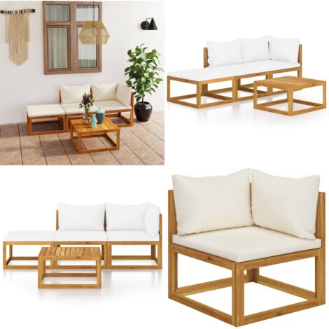 Set Divani da Giardino 4 pz con Cuscini Crema in Legno Acacia - Divano in legno - Cuscini da giardino