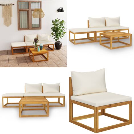 Set Divani da Giardino 4 pz con Cuscini Crema Massello Acacia - Divani in legno - Cuscini da giardino