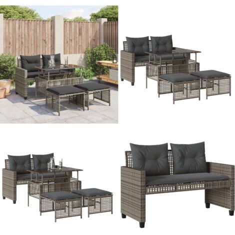 Set Divani da Giardino 4 pz con Cuscini Grigio Polyrattan Vetro - Tavolo da giardino - Panca da giardino