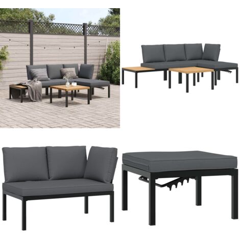 Set Divani da Giardino 4 pz con Cuscini in Alluminio Nero - Panca da giardino - Tavolo da giardino
