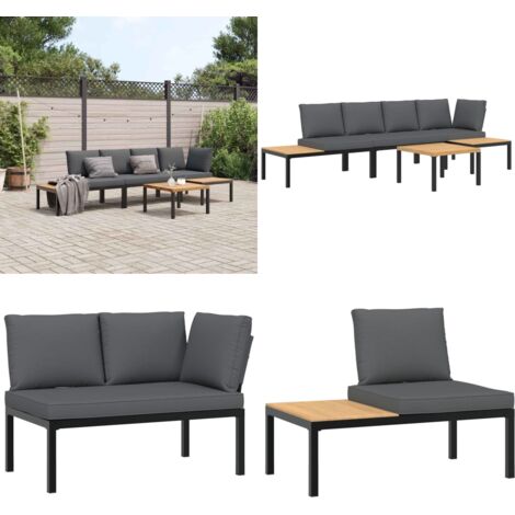 Set Divani da Giardino 4 pz con Cuscini in Alluminio Nero - Panca da giardino - Tavolo da giardino