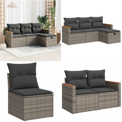 Set Divani da Giardino 4 pz con Cuscini in Polyrattan Grigio - Poltrona da giardino - Cuscino da seduta