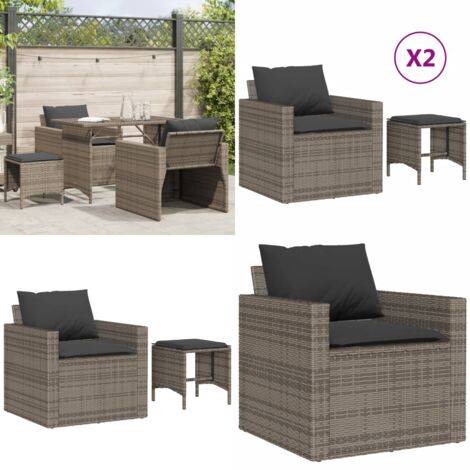 Set Divani da Giardino 4 pz con Cuscini in Polyrattan Grigio - Poltrona da giardino - Sgabello da giardino