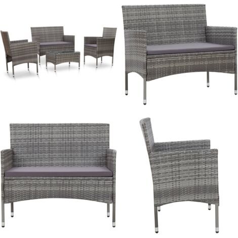 Set Divani da Giardino 4 pz con Cuscini in Polyrattan Grigio - Poltrona da giardino - Tavolino da giardino