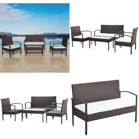 Set Divani da Giardino 4 pz con Cuscini in Polyrattan Marrone - Poltrone da giardino - Tavolino da caffè