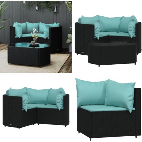Set Divani da Giardino 4 pz con Cuscini Nero in Polyrattan - Divano angolare - Cuscini da giardino