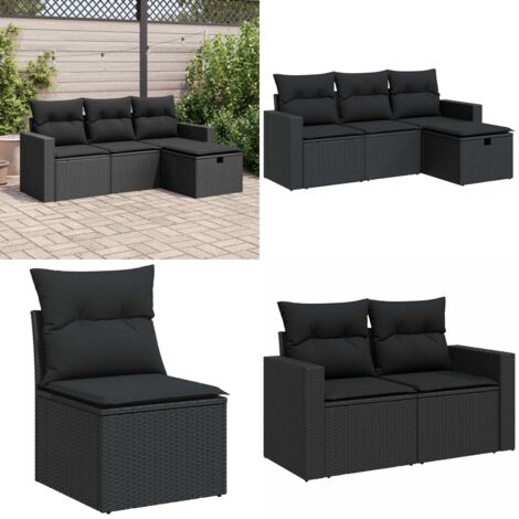 Set Divani da Giardino 4 pz con Cuscini Nero in Polyrattan - Poltrona da giardino - Cuscini da giardino