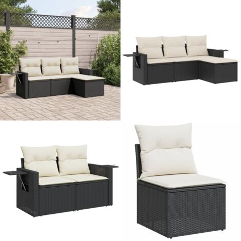 Set Divani da Giardino 4 pz con Cuscini Nero in Polyrattan - Poltrona da giardino - Cuscino da seduta
