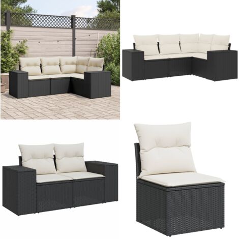 Set Divani da Giardino 4 pz con Cuscini Nero in Polyrattan - Poltrona da giardino - Cuscino da seduta