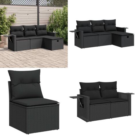 Set Divani da Giardino 4 pz con Cuscini Nero in Polyrattan - Poltrona da giardino - Cuscino da seduta