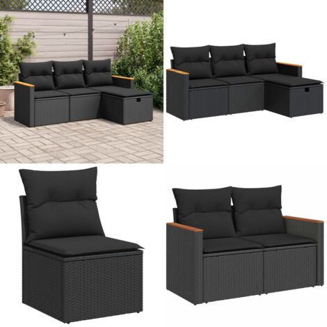 Set Divani da Giardino 4 pz con Cuscini Nero in Polyrattan - Poltrona da giardino - Cuscino da seduta