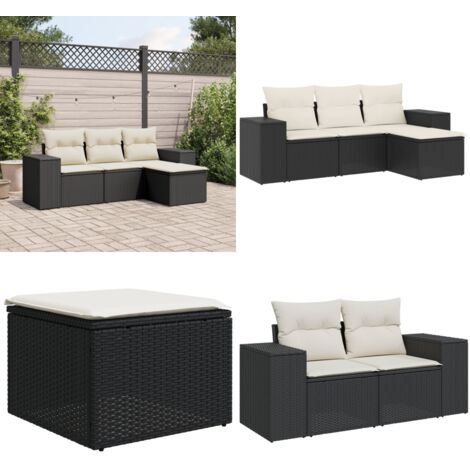 Set Divani da Giardino 4 pz con Cuscini Nero in Polyrattan - Poltrona da giardino - Cuscino da seduta