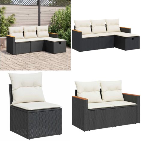 Set Divani da Giardino 4 pz con Cuscini Nero in Polyrattan - Poltrona da giardino - Cuscino da seduta