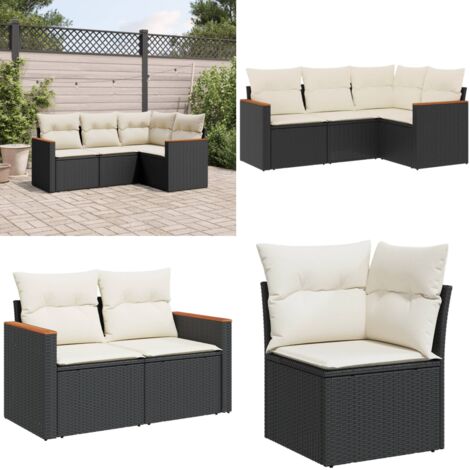 Set Divani da Giardino 4 pz con Cuscini Nero in Polyrattan - Poltrona da giardino - Seduta da esterno