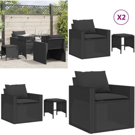 Set Divani da Giardino 4 pz con Cuscini Nero in Polyrattan - Poltrona da giardino - Sgabello da giardino