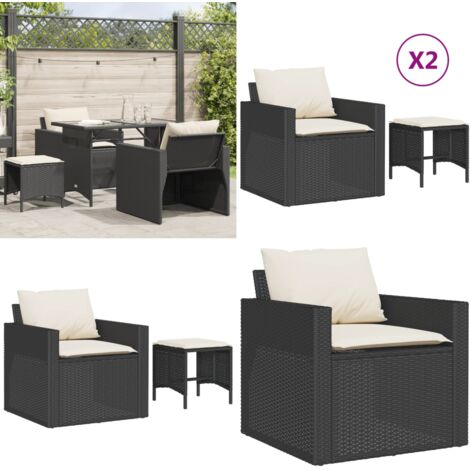 Set Divani da Giardino 4 pz con Cuscini Nero in Polyrattan - Poltrona da giardino - Sgabello da giardino
