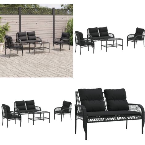 Set Divani da Giardino 4 pz con Cuscini Nero in Polyrattan - Poltrona da giardino - Tavolino da giardino