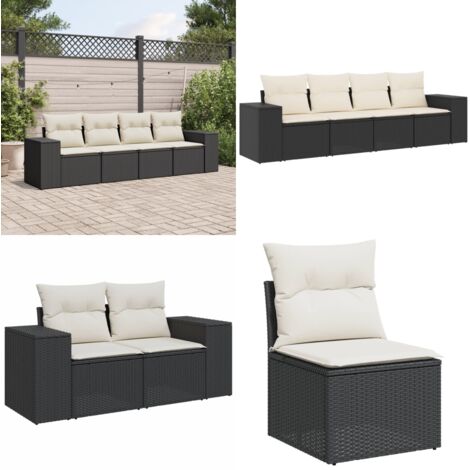 Set Divani da Giardino 4 pz con Cuscini Nero in Polyrattan - Poltrone da giardino - Cuscini da seduta