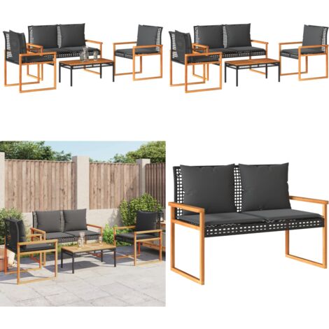 Set Divani da Giardino 4 pz con Cuscini Nero in Polyrattan - Sedie da giardino - Tavolo da giardino