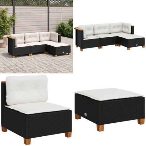 Set Divani da Giardino 4 pz con Cuscini Nero in Polyrattan - Sedute angolari - Cuscini lavabili