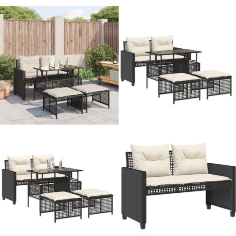 Set Divani da Giardino 4 pz con Cuscini Nero Polyrattan Vetro - Panca da giardino - Tavolo da giardino