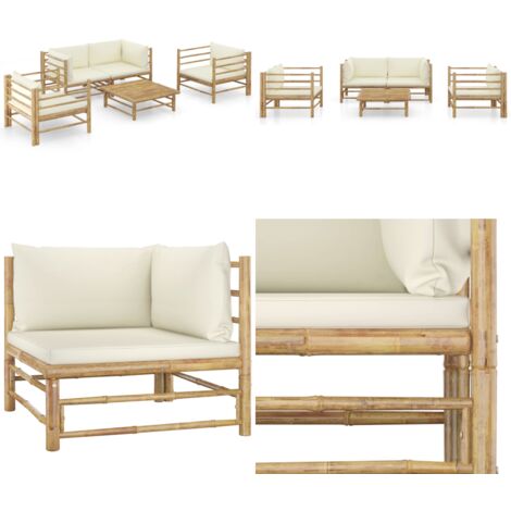 Set Divani da Giardino 5 pz con Cuscini Bianco Crema in Bambù - Set da giardino - Cuscini da giardino