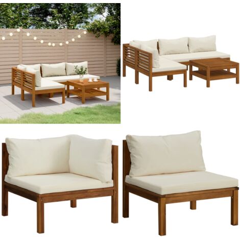 Set Divani da Giardino 5 pz con Cuscini Crema in Legno Acacia - Divano in legno - Cuscini da giardino