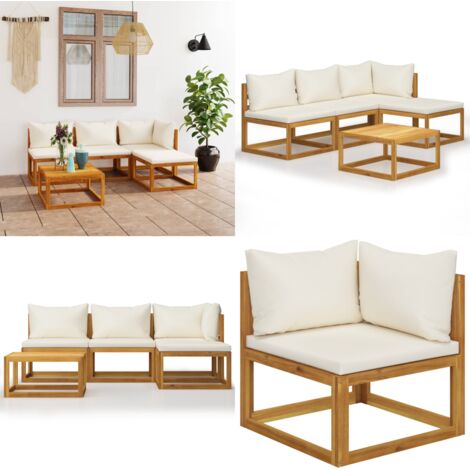 Set Divani da Giardino 5 pz con Cuscini Crema in Legno Acacia - Divano in legno - Cuscini da giardino
