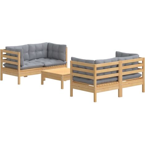 Set Divani da Giardino 5 pz con Cuscini Grigi Massello di Pino vidaXL