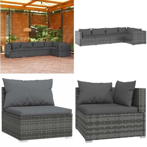Set Divani da Giardino 5 pz con Cuscini in Polyrattan Grigio - Divano angolare - Divano centrale